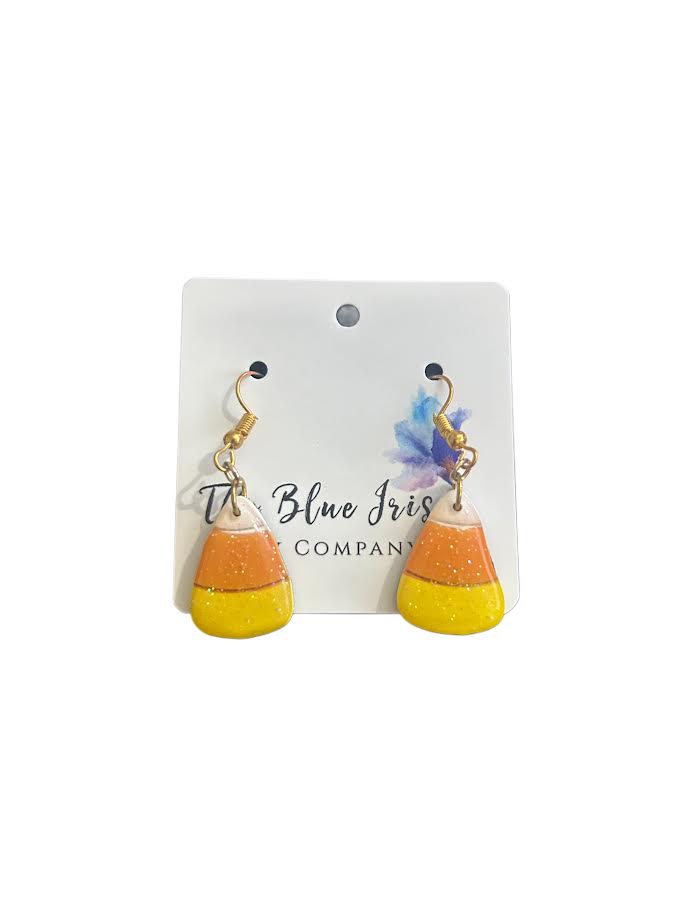 Festive candy corn earrings – polymer clay and glitter resin handmade jewelry