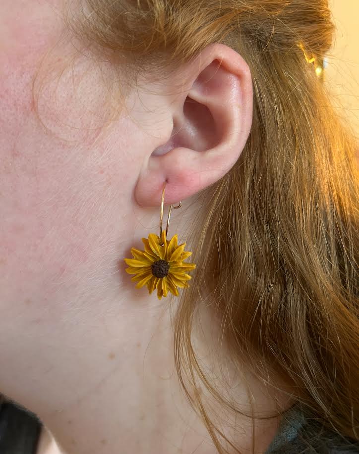 Polymer clay floral hoop earrings – handmade sunflower design