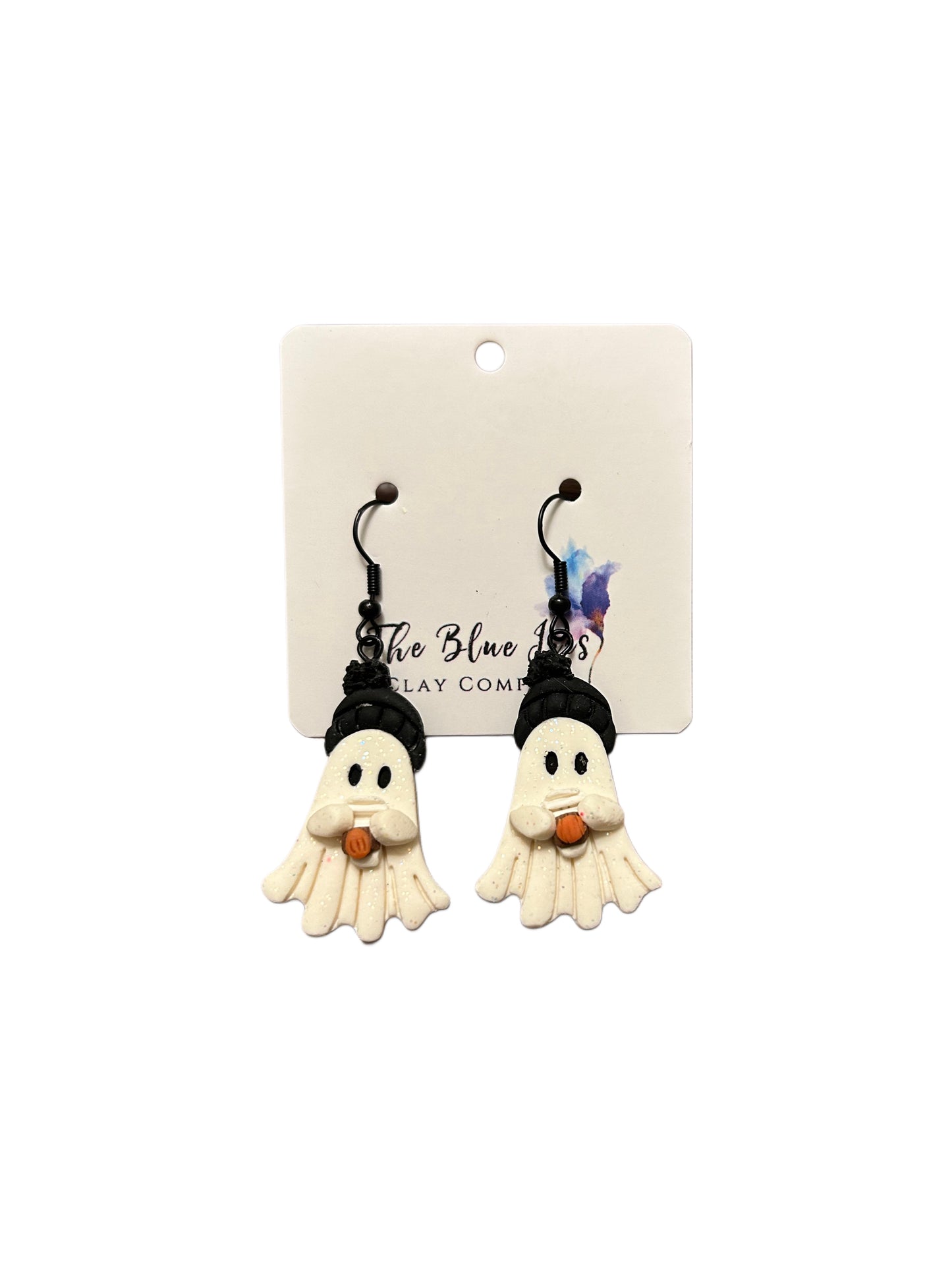 Whimsical fall earrings featuring glittery ghosts drinking pumpkin spice lattes