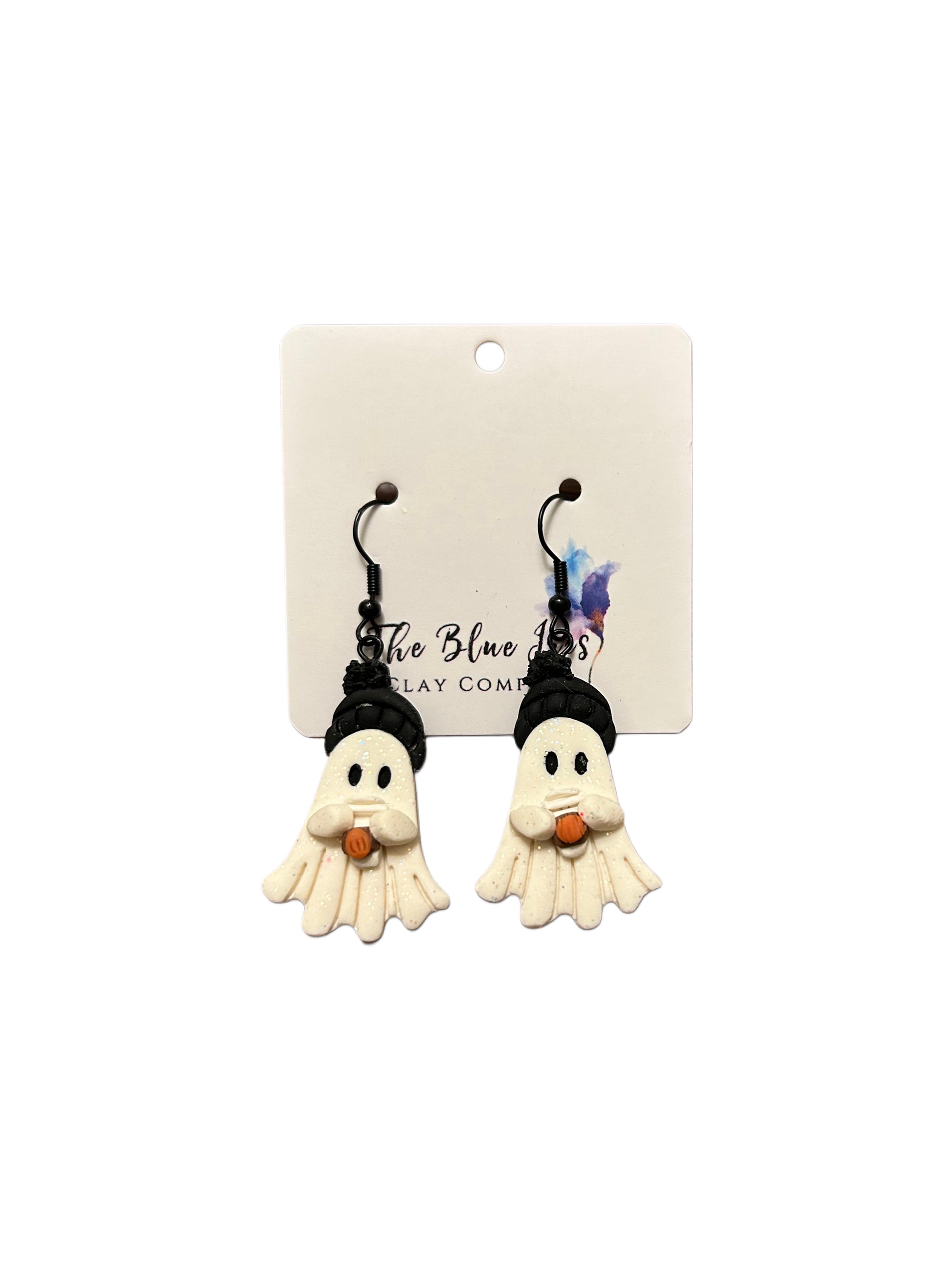 Whimsical fall earrings featuring glittery ghosts drinking pumpkin spice lattes