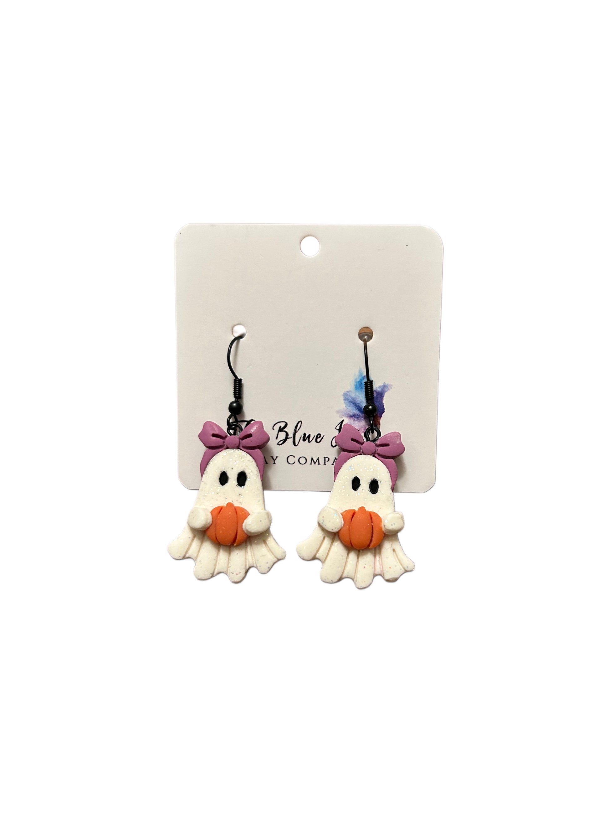 Polymer clay ghost earrings with bright orange pumpkins and purple bows, ideal festive accessory for fall and spooky season