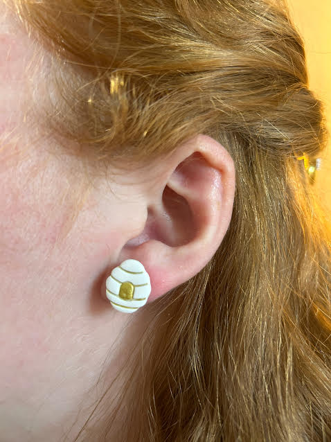 Nature-themed polymer clay earrings, honeycomb and beehive design, lightweight and handmade