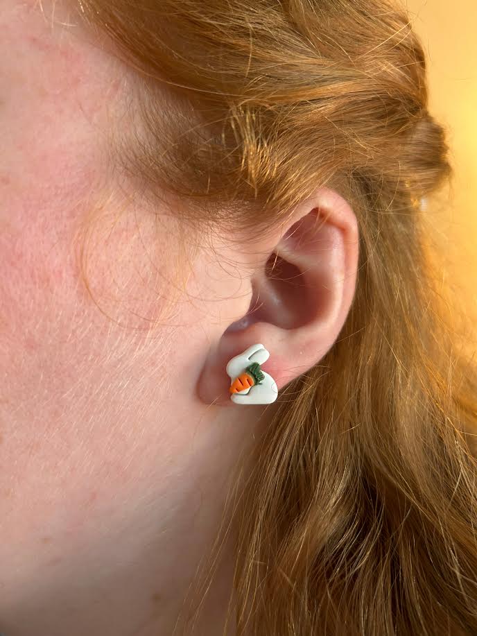 Cute rabbit with carrot earrings, lightweight polymer clay jewelry