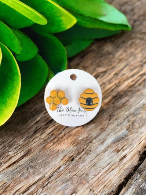 Handmade polymer clay honeycomb and beehive stud earrings, whimsical nature-inspired jewelry for women