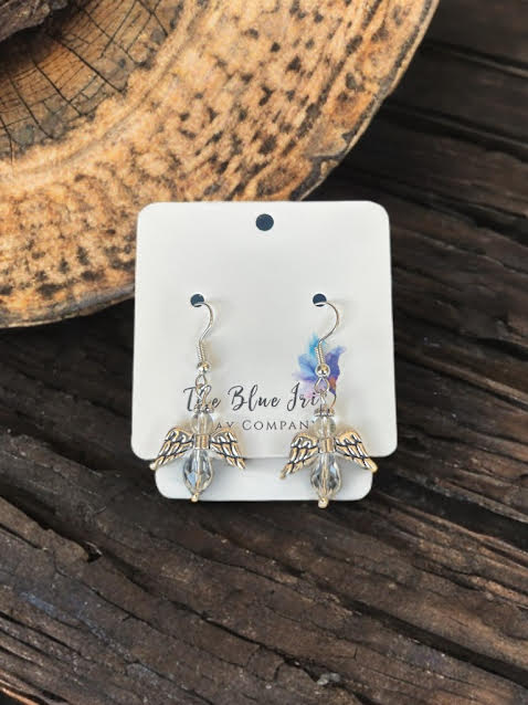 Handmade dainty angel earrings with glass beads and silver metal wings