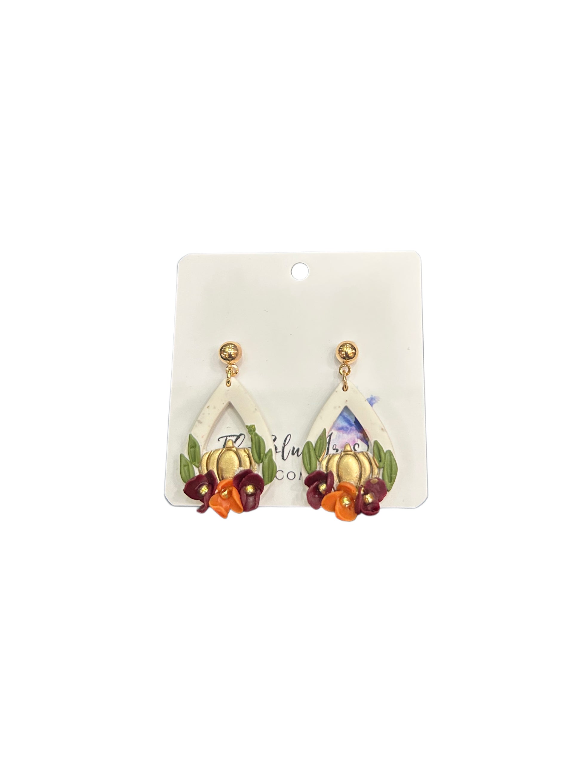 Lightweight fall earrings made from polymer clay with pumpkins and blossoms