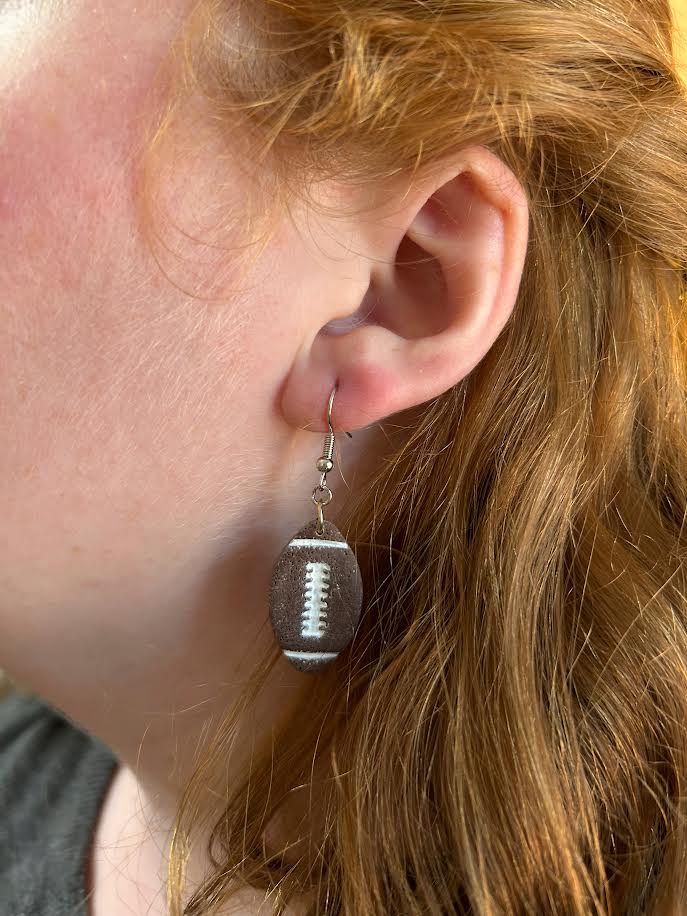Lightweight polymer clay football earrings, handcrafted dangle jewelry for women and teens who love football