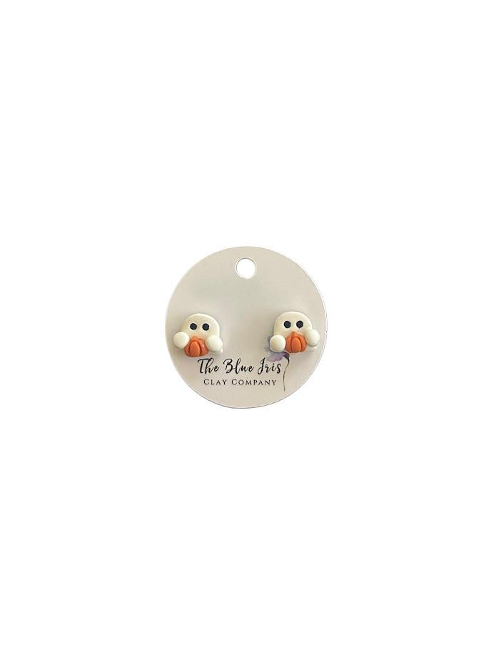Handcrafted ghost with pumpkin stud earrings – polymer clay