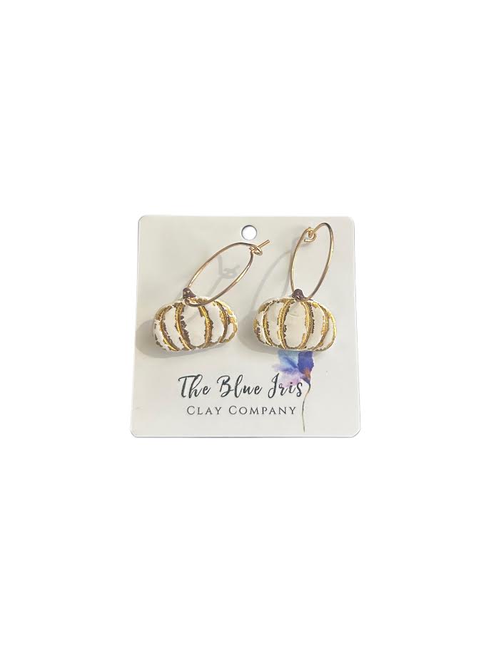Handmade pumpkin hoop earrings with gold foil details – polymer clay jewelry