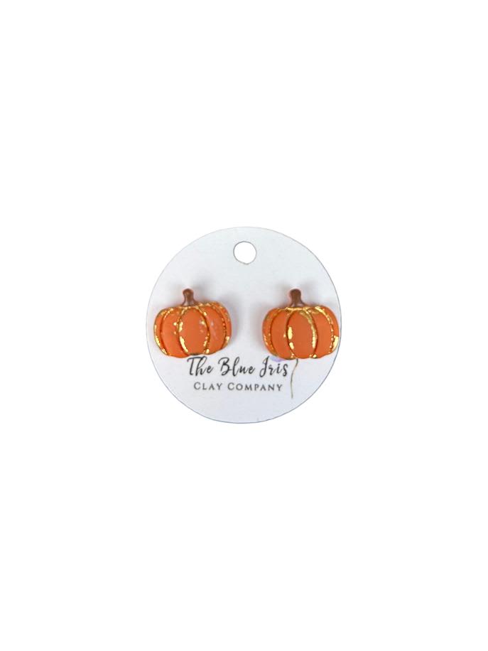 Cute polymer clay pumpkin studs with sparkling gold leaf, handcrafted and lightweight for all-day wear