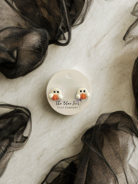Small spooky ghost and pumpkin earrings handmade from clay