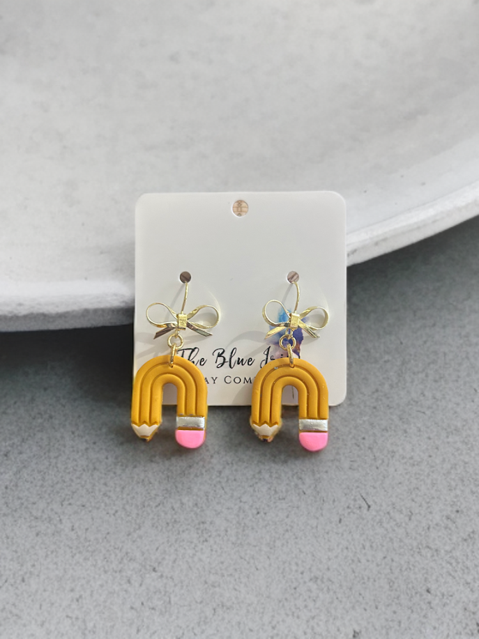 Handcrafted Pencil Dangle Earrings with Bow French Wires