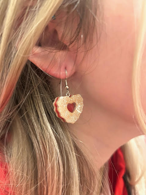 Cute dessert-inspired earrings shaped like glassy heart cookies