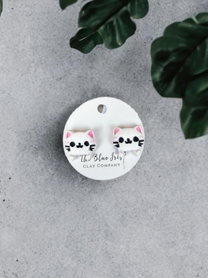 Adorable cat face earrings,  polymer clay studs