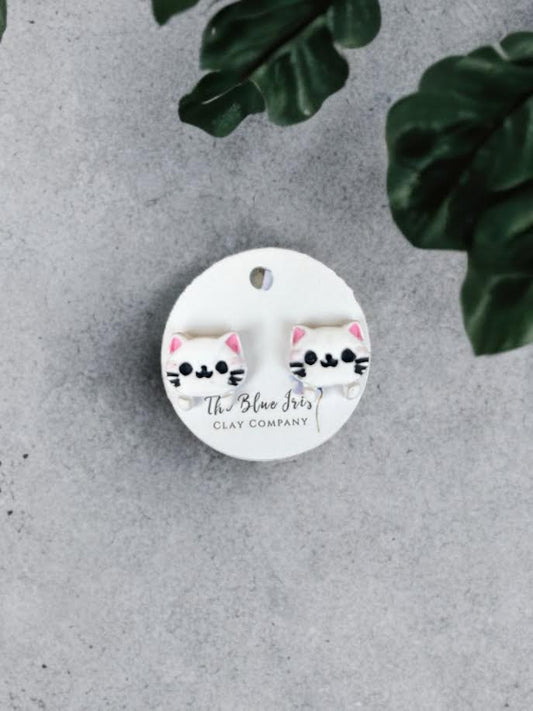 Adorable cat face earrings,  polymer clay studs