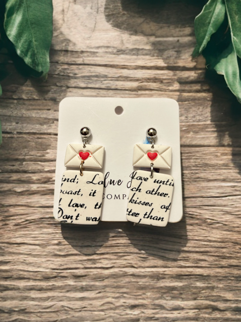 Handmade polymer clay love letter earrings