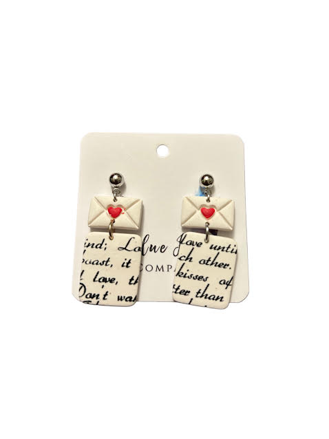 Lightweight polymer clay love letter earrings for Valentine’s Day