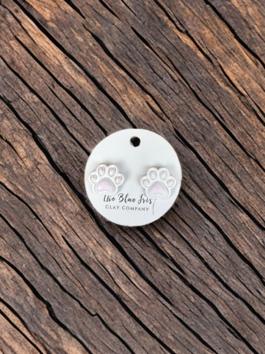 Handmade polymer clay paw print stud earrings, cute animal jewelry