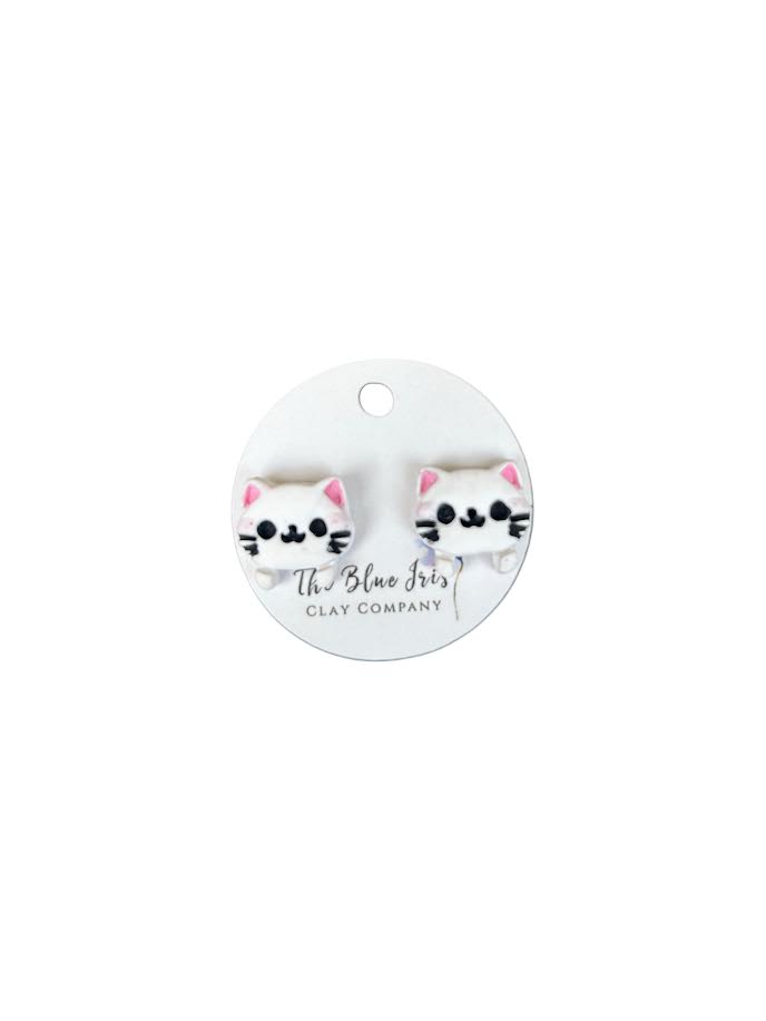 Polymer clay cat earrings displayed on jewelry card, perfect gift for cat lovers