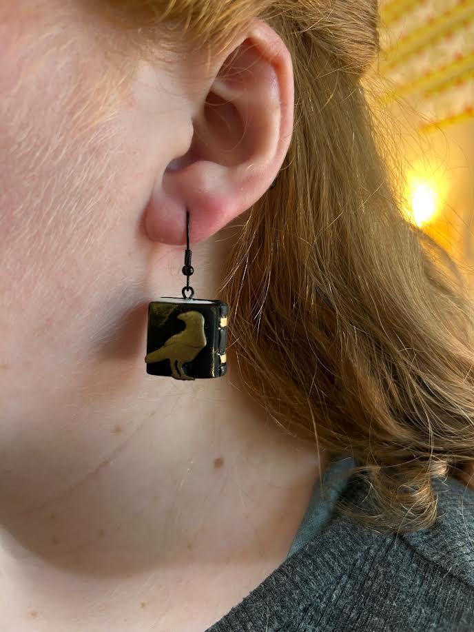 Unique book lover earrings with raven motif – polymer clay handmade