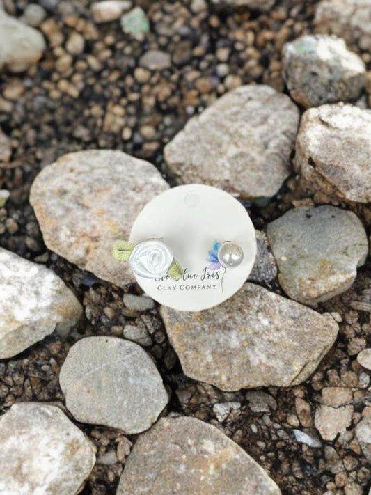 Handmade floral rose and pearl stud earrings, 2-in-1 reversible jewelry