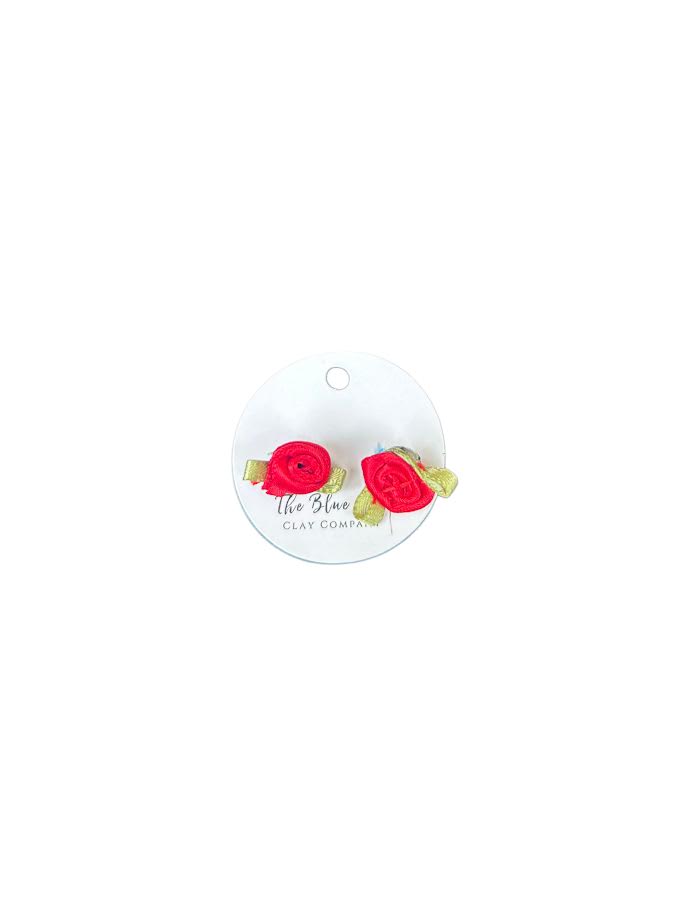 Delicate fabric rose earrings with classic pearl studs, perfect gift for her in red