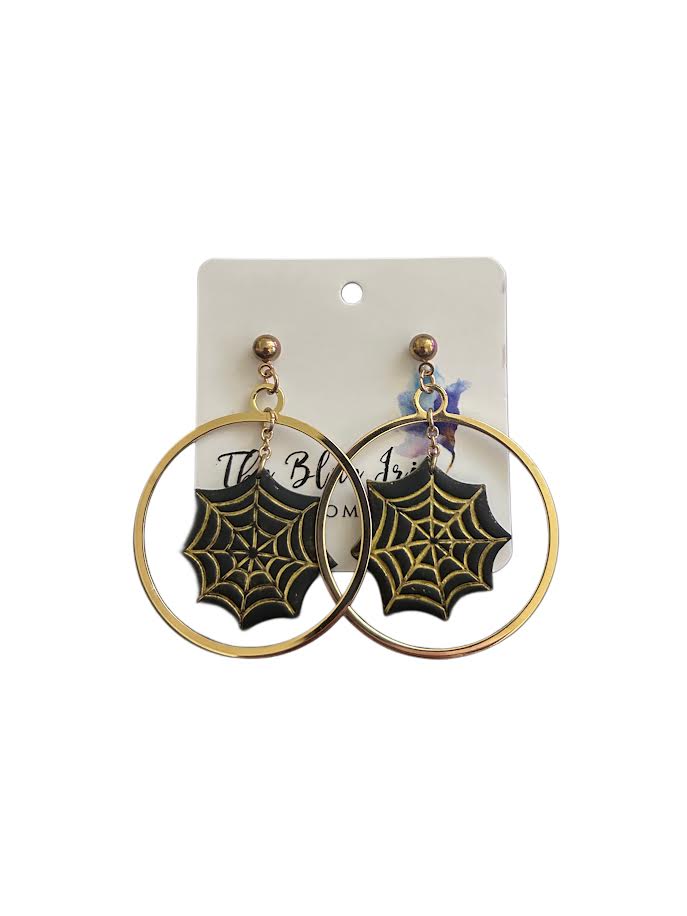Handmade polymer clay spider web earrings in black with gold accents, unique Halloween or gothic accessory