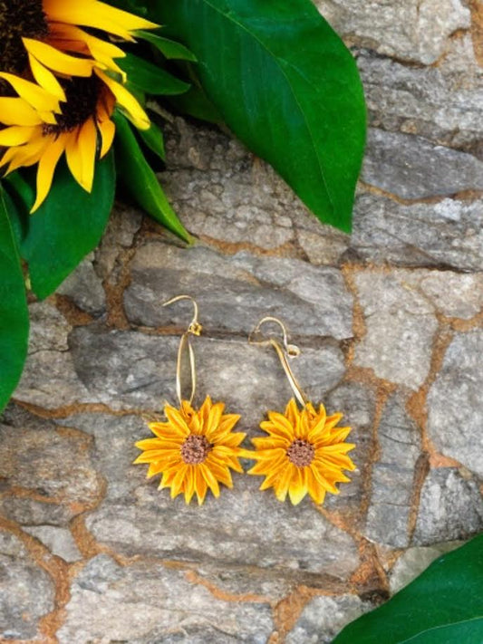 Handcrafted sunflower hoop earrings – lightweight statement earrings