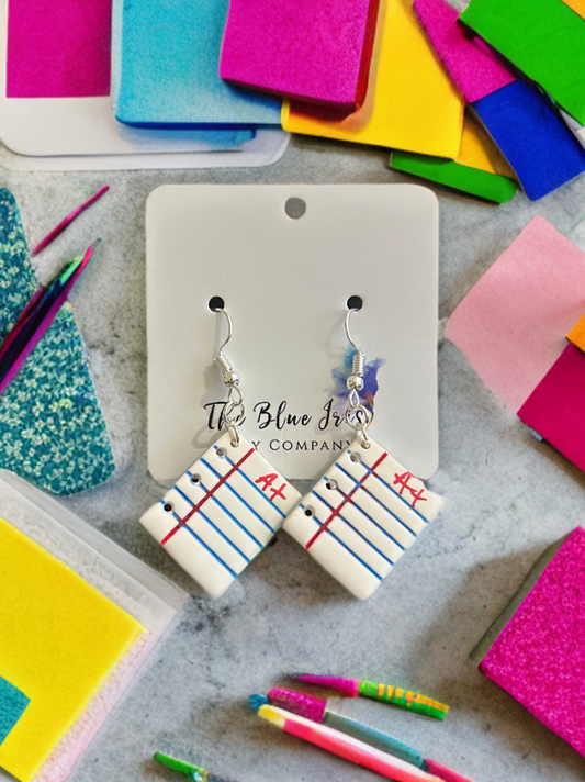 Fun school-themed polymer clay earrings, lined paper with A+ swing-style design for students or teachers