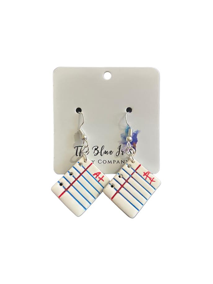 Polymer clay earrings shaped like school paper with red A+, lightweight and nickel-free, perfect for students and teachers