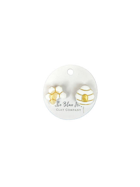 Handmade honeycomb and beehive polymer clay studs, whimsical jewelry for nature enthusiasts