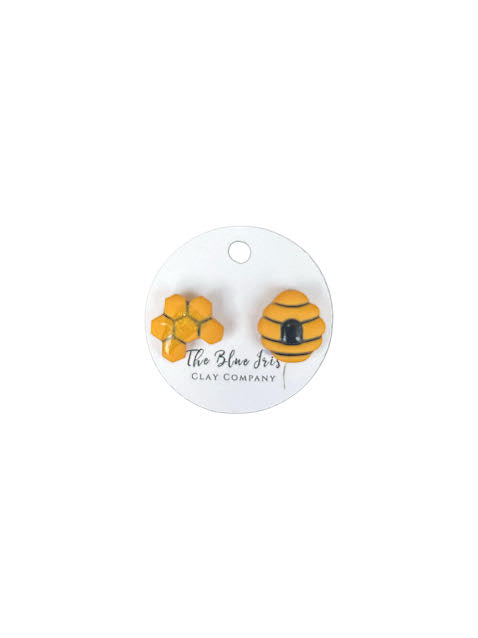 Whimsical polymer clay earrings shaped like honeycomb and beehive, lightweight studs for everyday wear