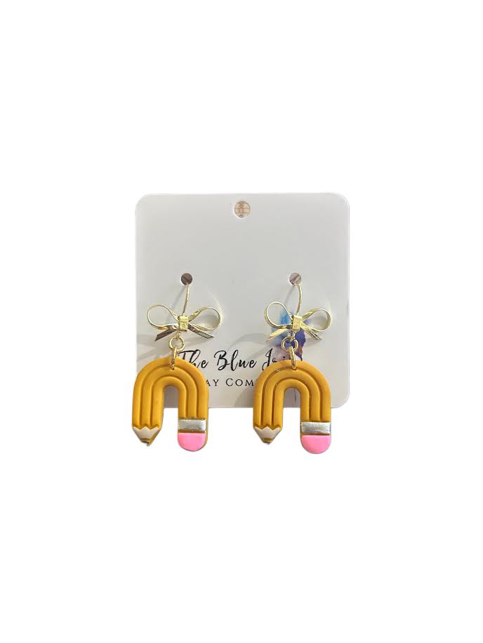 Cute dangle earrings shaped like pencils with whimsical bow hooks